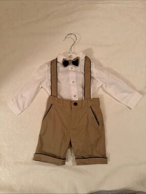 Mayoral White Shirt with Black Bow Tie and Khaki Shorts Suspenders